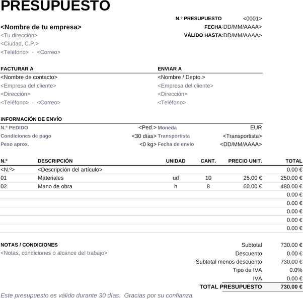 Plantilla de presupuesto imprimible