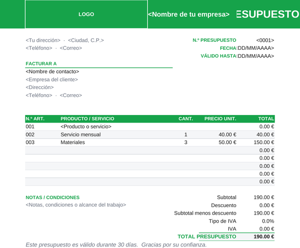 Plantilla de presupuesto de producto