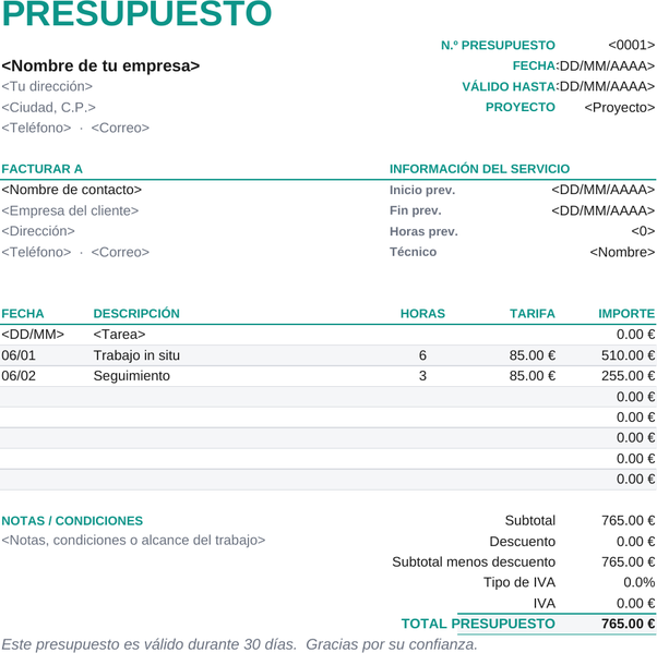 Plantilla de presupuesto de servicio