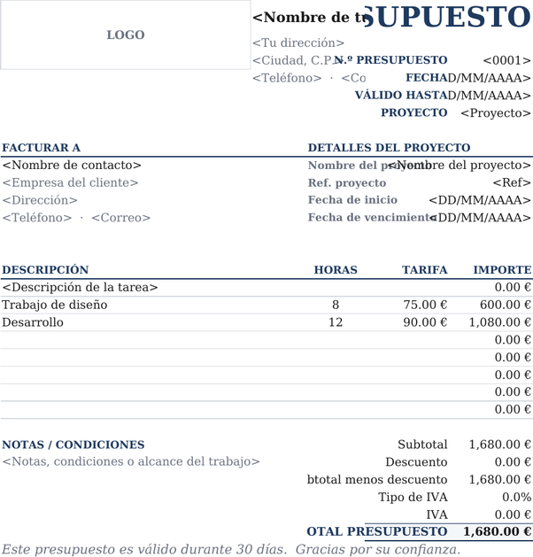 Plantilla de presupuesto con márgenes amplios