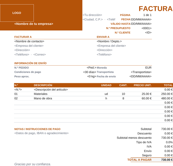 Plantilla de factura de exportación