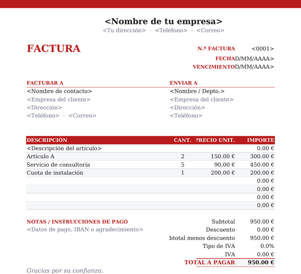 Plantilla de factura con membrete