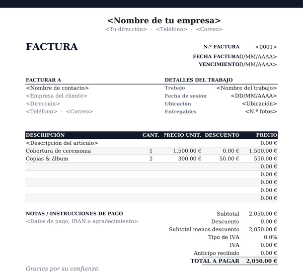 Plantilla de factura de fotografía