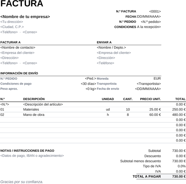 Plantilla de factura imprimible