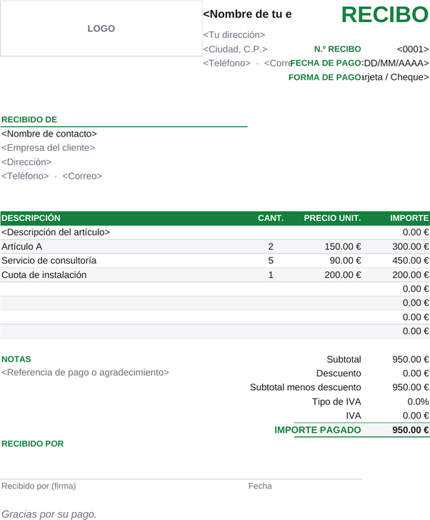Modelo de recibo en efectivo