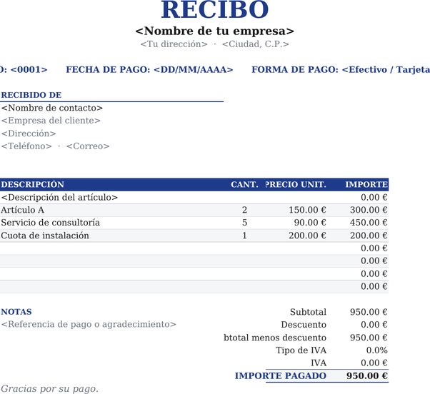 Modelo de recibo centrado