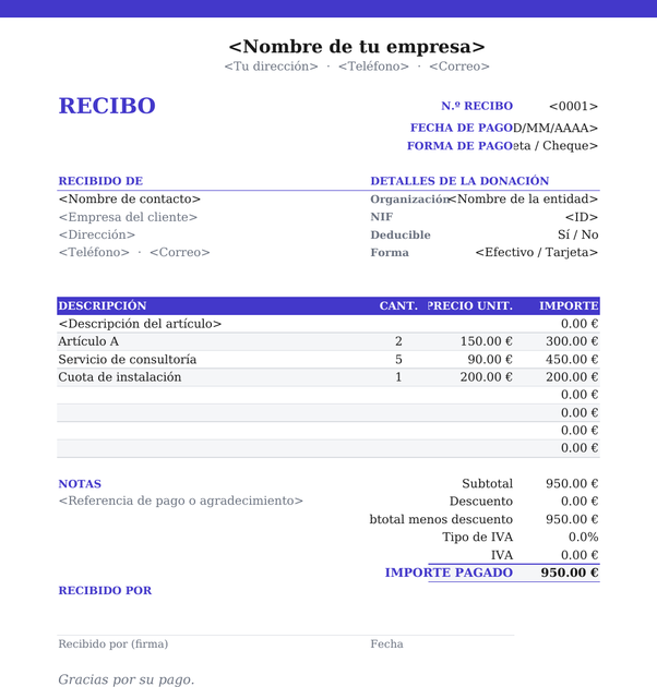 Modelo de recibo de donación