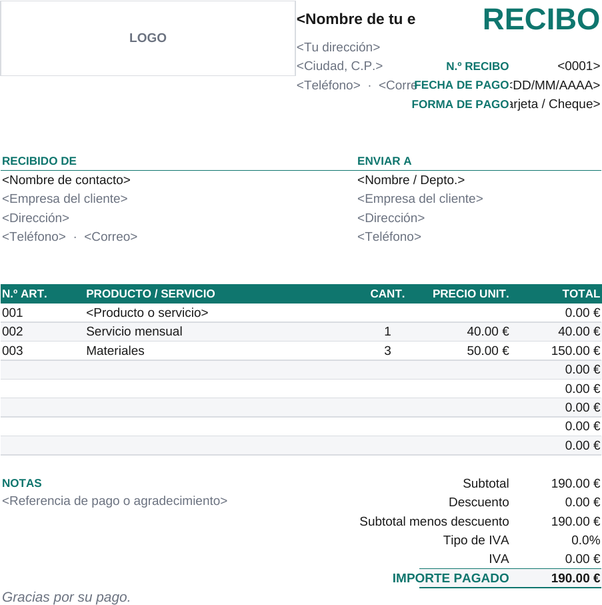 Modelo de recibo detallado