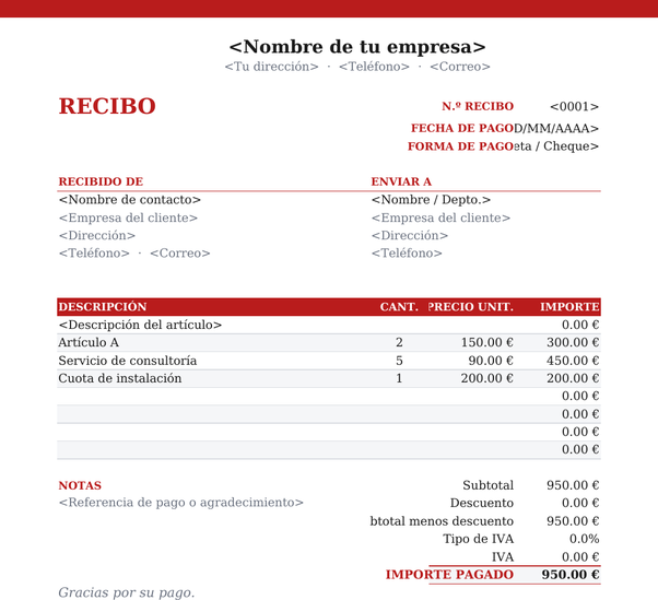 Modelo de recibo con membrete