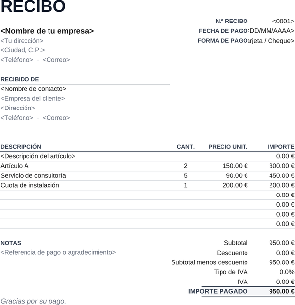 Modelo de recibo minimalista