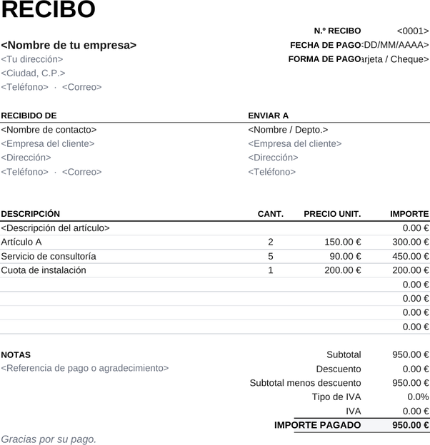 Modelo de recibo imprimible