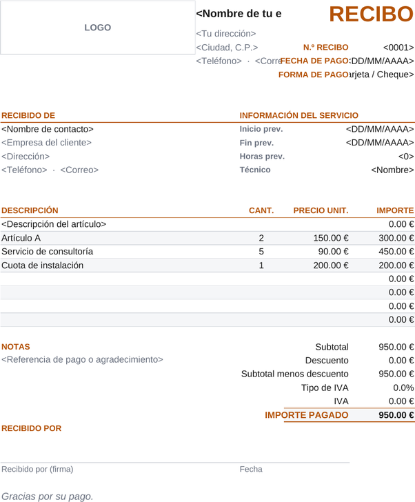 Modelo de recibo de servicio