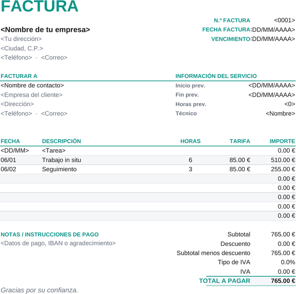 Plantilla de factura por horas