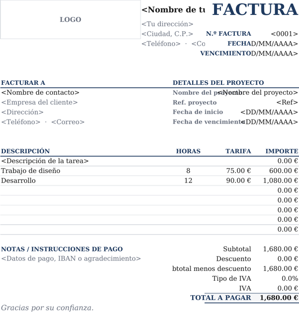 Plantilla de factura con márgenes amplios