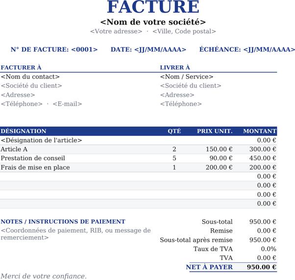 Modèle de facture centré