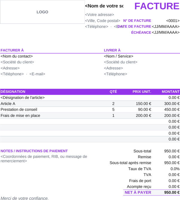 Modèle de facture d'acompte