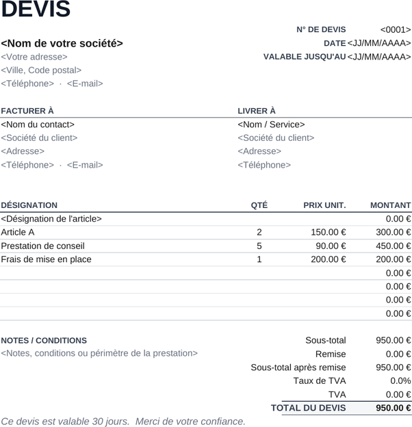 Modèle de devis minimaliste