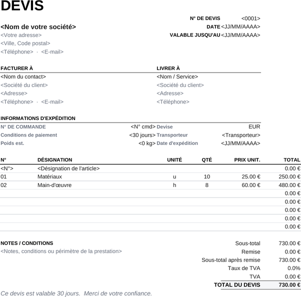Modèle de devis imprimable