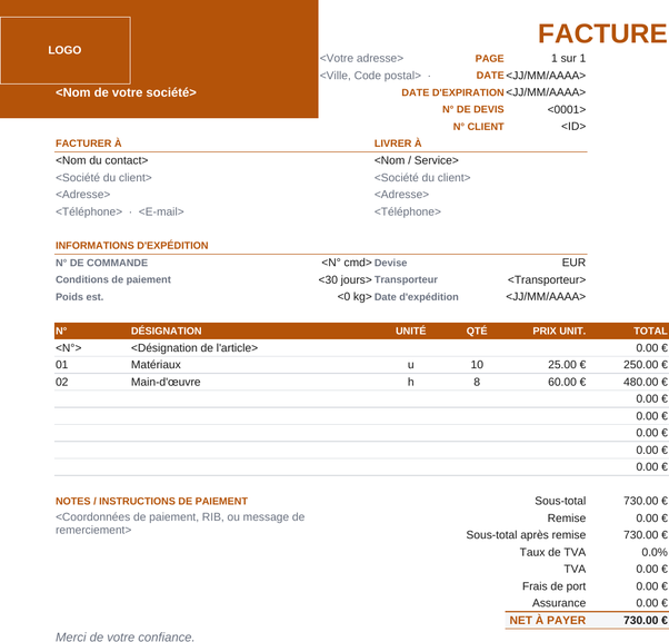 Modèle de facture export
