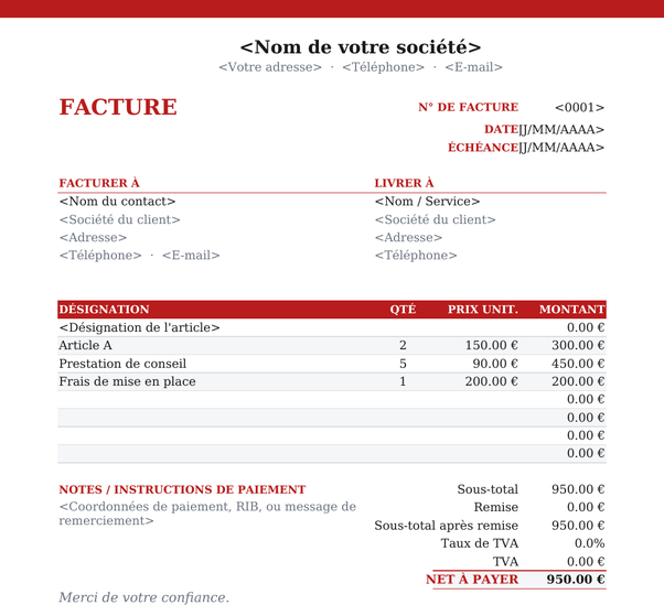 Modèle de facture à en-tête