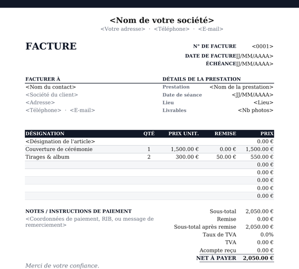 Modèle de facture photographie