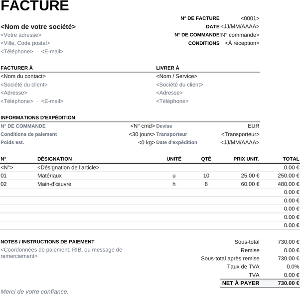 Modèle de facture imprimable