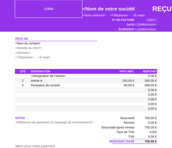 Modèle de reçu coloré