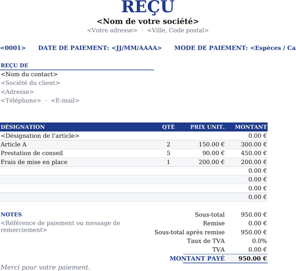 Modèle de reçu centré