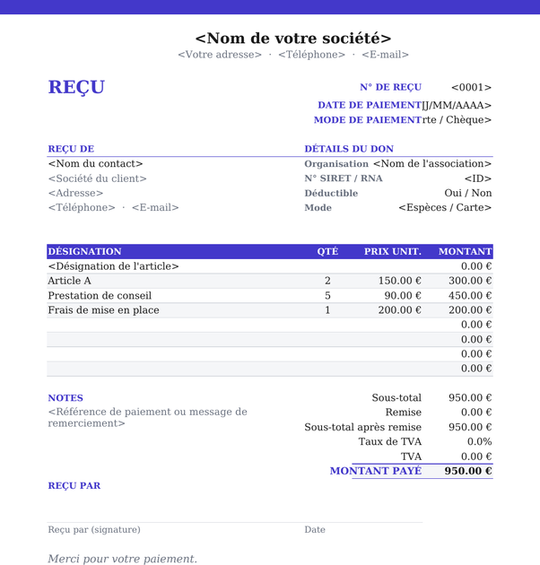 Modèle de reçu de don