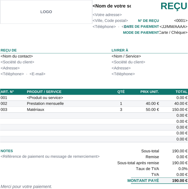 Modèle de reçu détaillé