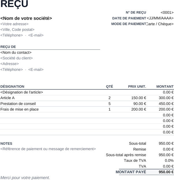 Modèle de reçu minimaliste