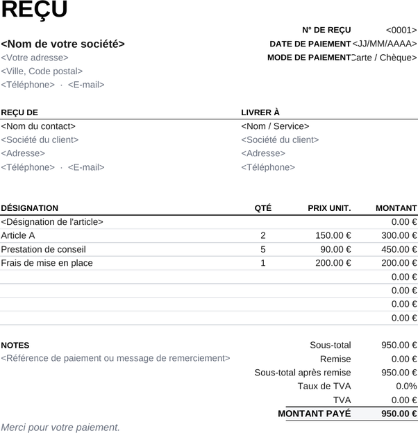 Modèle de reçu imprimable