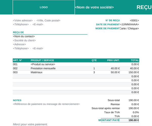 Modèle de reçu de vente