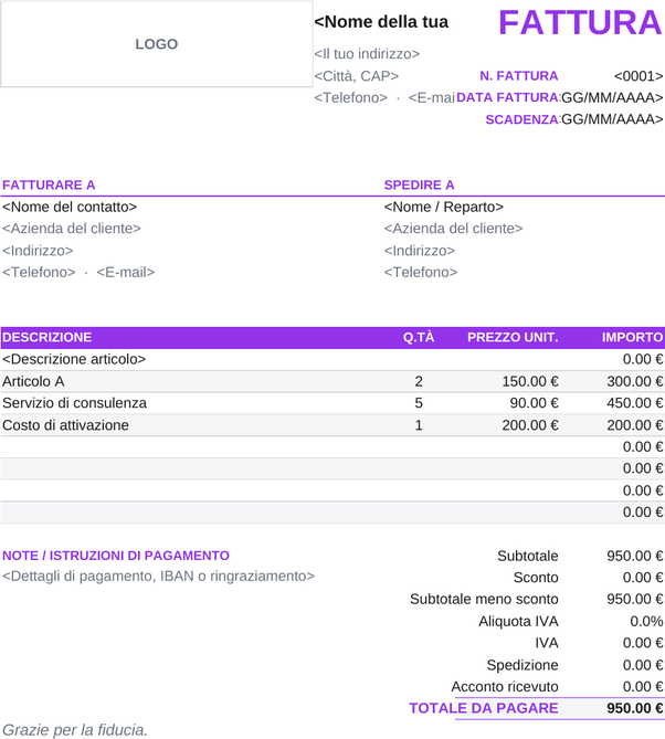 Modello di fattura acconto
