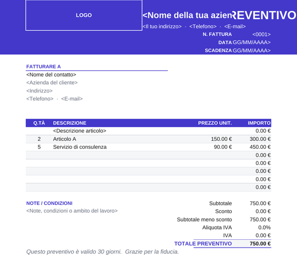 Modello di preventivo colorato