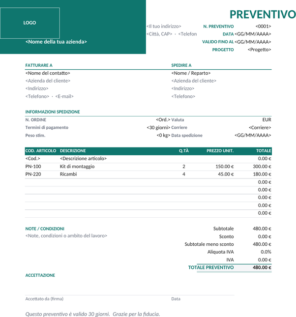 Modello di preventivo aziendale