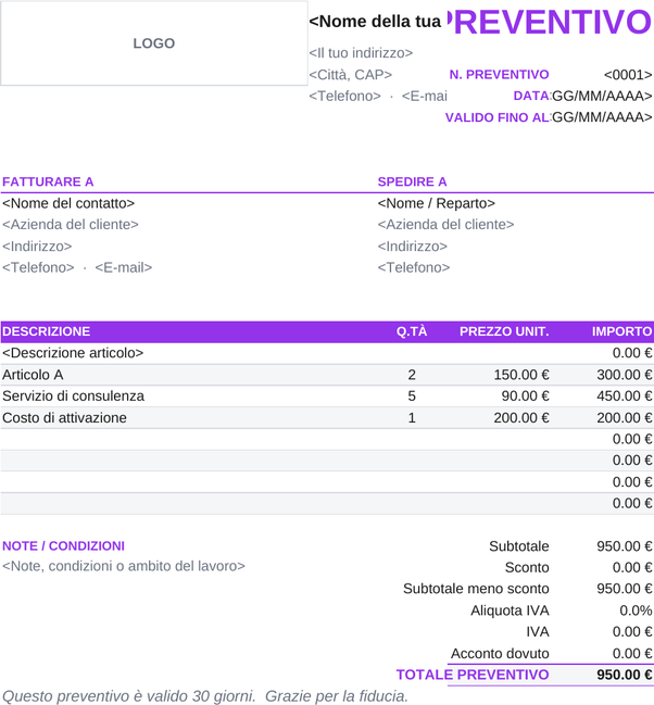 Modello di preventivo con acconto