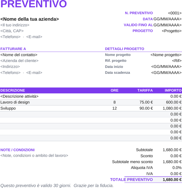 Modello di preventivo freelance