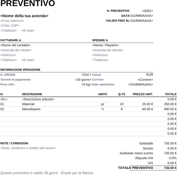 Modello di preventivo stampabile