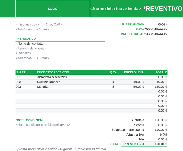 Modello di preventivo prodotto