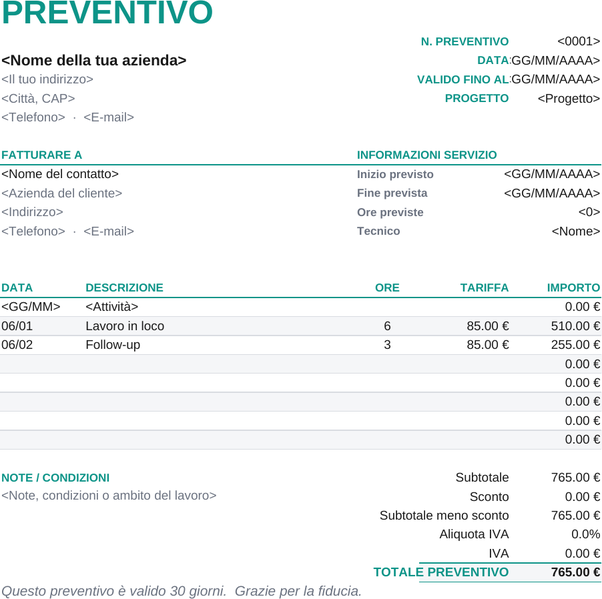 Modello di preventivo servizio