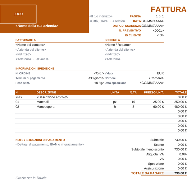 Modello di fattura export