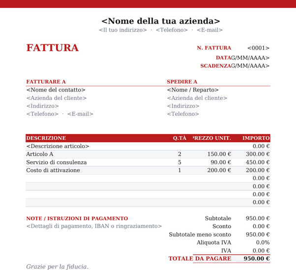 Modello di fattura carta intestata