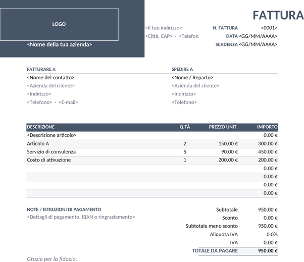 Modello di fattura pannello