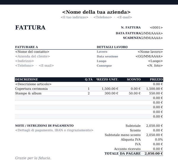 Modello di fattura fotografia