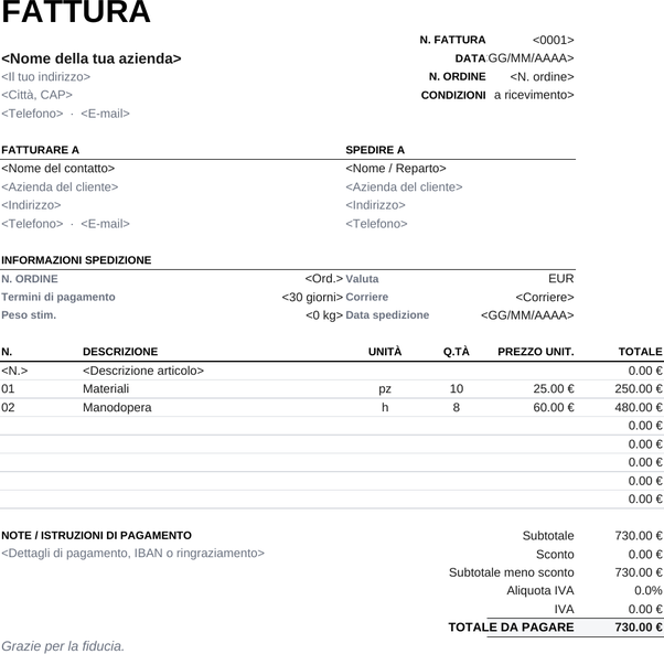 Modello di fattura stampabile