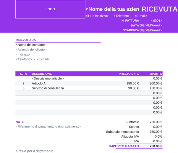 Modello di ricevuta colorato