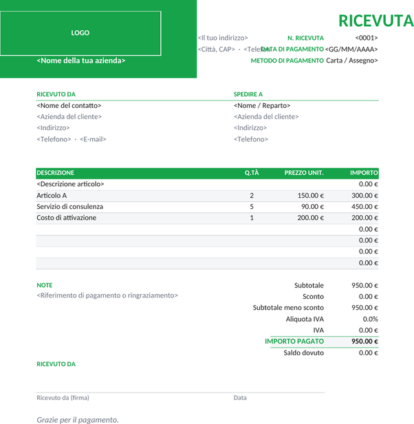 Modello di ricevuta per impresa