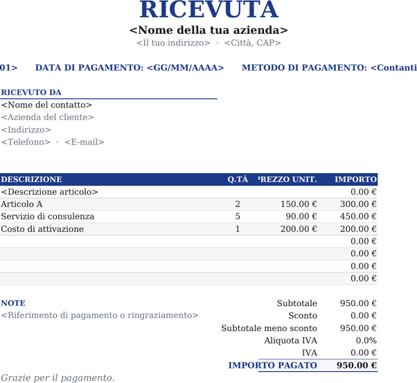 Modello di ricevuta centrato