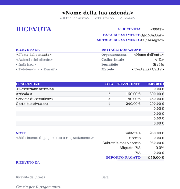 Modello di ricevuta di donazione